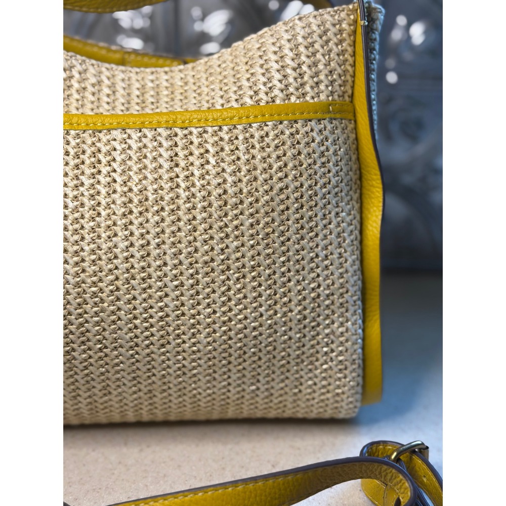 American Leather Co Crossbody Bag Yellow Straw Leather Trim Satchel Handbag - Picture 7 of 10